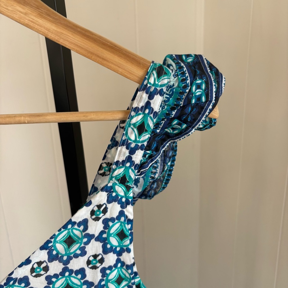 Lucky Brand Tiered Cotton Maxi Dress Blue Teal Spanish Tile Floral Womens XS NWT - Picture 3 of 10